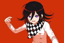 Rule 34 | 1boy, absurdres, alternate hair color, buttons, checkered clothes, checkered neckwear, checkered scarf, danganronpa (series), danganronpa v3: killing harmony, double-breasted, hair between eyes, hand up, highres, jacket, long sleeves, lower teeth only, male focus, medium hair, multicolored hair, open mouth, oma kokichi, purple eyes, red background, red hair, sanmian (chidarakeno), scarf, simple background, solo, teeth, two-tone hair, upper body, white jacket