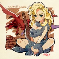 Rule 34 | 1girl, ayla (chrono trigger), blonde hair, blue eyes, breasts, chrono trigger, cleavage, closed mouth, club (weapon), curly hair, dated, full body, long hair, looking at viewer, midriff, navel, pterosaur, serieru (summertosuika), signature, smile, weapon