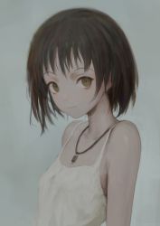 Rule 34 | 1girl, absurdres, arms behind back, breasts, brown eyes, brown hair, eyelashes, grey background, highres, jewelry, looking at viewer, necklace, original, shion (mirudakemann), shirt, simple background, small breasts, solo, tank top, upper body, white shirt