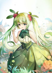 Rule 34 | 1girl, :d, bare arms, bare shoulders, blue eyes, blurry, blurry background, brown flower, chinese commentary, commentary, depth of field, dress, flower, green dress, green hair, hair between eyes, hair flower, hair ornament, hand up, hatsune miku, highres, long hair, looking at viewer, open mouth, pleated dress, red flower, revision, sleeveless, sleeveless dress, smile, solo, twintails, very long hair, vocaloid, yowamushi