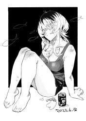 Rule 34 | 1girl, absurdres, bare legs, barefoot, beer can, black background, black shorts, border, breasts, camisole, can, cleavage, closed mouth, dated, drink can, feet, fish, greyscale, hair over eyes, hand on ground, highres, knees up, long hair, looking at viewer, mashimashi, medium breasts, monochrome, multicolored hair, original, short shorts, shorts, sidelocks, sitting, solo, streaked hair, sweat, toes, white border