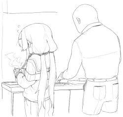 Rule 34 | 1boy, 1girl, bald, blue archive, cardigan, cooking, cooking pot, cutting board, flying sweatdrops, greyscale, hairband, long hair, long sleeves, monochrome, off shoulder, pants, rkgk ojisan, shirt, skirt, twintails, ui (blue archive)