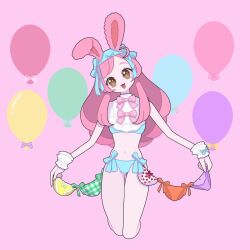 Rule 34 | 1girl, :d, animal ears, ayase naru, balloon, blue bra, blue panties, bra, brown eyes, bunny day, commentary request, cropped legs, fake animal ears, highres, long hair, looking at viewer, navel, nyaasechan, object on head, open mouth, panties, panties day, panties on head, pink background, pink hair, pretty rhythm, pretty rhythm rainbow live, pretty series, rabbit ears, smile, solo, standing, string of flags, underwear, underwear only, wrist cuffs