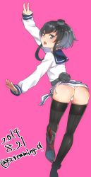 Rule 34 | 10s, 1girl, 2014, arched back, ass, back-seamed legwear, bad id, bad twitter id, black hair, black legwear, blue eyes, dated, fang, hat, highres, kantai collection, kyuuso inukami, leaning forward, mini hat, open mouth, panties, pink background, sailor collar, screaming d, seamed legwear, short hair with long locks, side-tie panties, sidelocks, simple background, sleeves past wrists, thighs, tokitsukaze (kancolle), twitter username, underwear, v, white panties