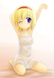 Rule 34 | 1girl, alice margatroid, armpits, arms up, barefoot, bed, blonde hair, blue eyes, blush, chemise, feet, female focus, full body, kazami ruku, nightgown, nipples, one eye closed, see-through, short hair, sitting, solo, stretching, touhou, wink