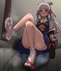 Rule 34 | 1girl, armor, ayaka (genshin impact), bed, bed sheet, bedroom, bloomers, blue dress, blue eyes, blunt bangs, blush, breastplate, cum, cum on body, cum on feet, dress, feet, feet up, genshin impact, hair ornament, highres, indoors, leg up, legs, looking at viewer, mole, mole under eye, no shoes, on bed, ponytail, sandals, sidelocks, sitting, smile, socks, soles, solo, tabi, toes, underwear, vambraces, wenzheng147, wet, white hair, zouri