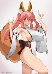 Rule 34 | 1girl, animal ears, blush, breasts, closed mouth, commentary, cosplay, fate/grand order, fate (series), fox ears, fox girl, fox tail, genshin impact, highres, hioyami, japanese clothes, large breasts, long hair, looking at viewer, miko, pink hair, sideboob, smile, solo, tail, tamamo (fate), thighs, yae miko, yae miko (cosplay), yellow eyes