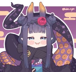 Rule 34 | 1girl, blue eyes, blush, chibi, hololive, hololive english, horns, japanese clothes, kimono, kukie-nyan, long hair, looking at viewer, multicolored hair, ninomae ina&#039;nis, ninomae ina&#039;nis (new year), open mouth, orange hair, pointy ears, purple hair, scarf, smile, solo, tentacle hair, tentacles, virtual youtuber