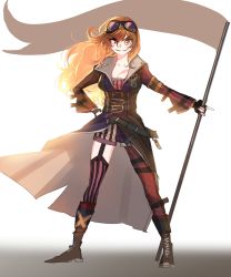 Rule 34 | + +, 1girl, absurdres, banner, becky lynch, black gloves, boots, breasts, brown coat, brown footwear, coat, fingerless gloves, flag, gloves, goggles, goggles on head, grin, hair between eyes, hand on own hip, highres, holding, holding flag, long hair, looking at viewer, medium breasts, orange eyes, orange hair, pantyhose, ratatatat74, real life, red thighhighs, single leg pantyhose, smile, solo, standing, thighhighs