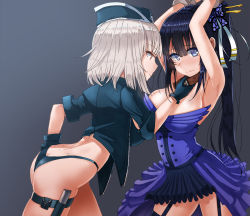 Rule 34 | 00s, 2girls, arms up, ass, assertive female, black gloves, black hair, blue dress, blue eyes, blush, breasts, butt crack, dress, dungeon and fighter, embarrassed, femdom, from behind, garter straps, gloves, grabbing another&#039;s chin, hand on another&#039;s chin, hand on own hip, highleg, highleg panties, jacket, large breasts, lhu (barappra1), light smile, long hair, looking at another, looking to the side, multiple girls, open clothes, open jacket, panties, ponytail, profile, short hair, silver hair, thighhighs, thighs, underwear, yuri