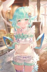 Rule 34 | 1girl, absurdres, artist request, bow shorts, braid, choker, cowboy shot, frilled choker, frills, giving, globe, green eyes, green hair, hair ornament, highres, holding, holding paper, hoshimura hotaru, indie virtual youtuber, indoors, ladder, looking at viewer, medium hair, paper, parted lips, scrunchie, second-party source, shirt, shorts, smile, solo, standing, star (symbol), star hair ornament, thigh strap, translation request, virtual youtuber, white shirt, white shorts, wrist scrunchie