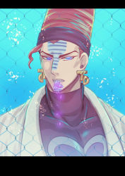 Rule 34 | 1boy, bad id, bad pixiv id, beehive hairdo, blue eyes, chain-link fence, earrings, facial mark, fence, giga omega, glowing, glowing eyes, headband, heart, jewelry, jojo no kimyou na bouken, letterboxed, male focus, mouth hold, portrait, red hair, solo, stardust crusaders, tattoo, terence t. d&#039;arby