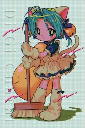 Rule 34 | 1boy, 1girl, ahoge, animal ears, animal hands, animal hat, apron, back bow, bell, blue dress, blue ribbon, blush, blush stickers, bow, broom, cat ears, cat hat, cat tail, copyright name, dejiko, di gi charat, dress, eye on hat, frilled apron, frills, full body, gema, gloves, green eyes, green hair, hair bell, hair ornament, hair ribbon, hat, highres, holding, holding broom, maid, maid apron, menma (enaic31), neck bell, parted bangs, paw gloves, paw shoes, plaid, plaid background, ribbon, short hair, smile, tail, white apron, white bow, white footwear, white gloves, white tail