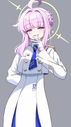 Rule 34 | 1girl, ahoge, blue archive, blue necktie, blush, collared jacket, commentary request, dress, gloves, green eyes, grey background, grin, halo, highres, jacket, kaya (blue archive), kokonoe910, long hair, long sleeves, necktie, open mouth, pink hair, simple background, smile, solo, white dress, white gloves, white jacket, yellow halo