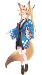 Rule 34 | 1girl, animal ears, black socks, blonde hair, closed mouth, commentary request, fang, fang out, fox ears, fox girl, fox mask, fox tail, green eyes, hair between eyes, happi, japanese clothes, long hair, looking at viewer, mask, unworn mask, original, ponytail, robe, sandals, sarashi, sidelocks, simple background, smile, socks, solo, standing, tabi, tail, tamakagura inari, white background, yagi (ningen)