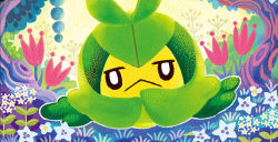 Rule 34 | black eyes, closed mouth, creature, creatures (company), flower, frown, full body, game freak, gen 5 pokemon, grass, looking at viewer, nintendo, no humans, official art, pokemon, pokemon (creature), pokemon tcg, shibuzoh, solo, swadloon, third-party source