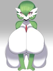 Rule 34 | 1girl, absurdres, blush, breasts, colored skin, creatures (company), curvy, duskyer, eyelashes, female focus, full body, game freak, gardevoir, gen 3 pokemon, green hair, green skin, half-closed eyes, highres, huge breasts, kneeling, looking at viewer, nintendo, no humans, outline, pokemon, red eyes, short hair, smile, solo, thick thighs, thighs, white outline, white skin, wide hips