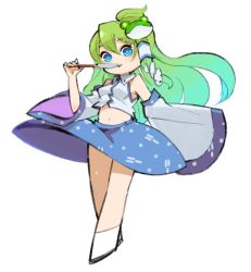 Rule 34 | 1girl, blue eyes, detached sleeves, frog hair ornament, gohei, green hair, hair ornament, kochiya sanae, long hair, looking at viewer, mota, navel, simple background, snake hair ornament, solo, stomach, symbol-only commentary, touhou, white background, wide sleeves