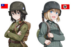 Rule 34 | 2girls, :d, ammunition pouch, backpack, bag, belt, black eyes, black hair, blonde hair, blue eyes, blush, bolt action, china, clothing request, combat helmet, crossed arms, damaged, fang, germany, gun, gun on back, gun sling, hair between eyes, helmet, highres, insignia, kuomintang, looking at viewer, mauser 98, medium hair, military, military uniform, multiple girls, national revolutionary army, nazi flag, open mouth, original, pouch, reichsadler, republic of china flag, rifle, simple background, skin fang, sling (weapon), smile, stahlhelm, swastika, uniform, weapon, weapon on back, white background, world war ii, yumi (artist)