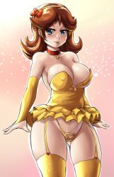 Rule 34 | 1girl, armpit peek, arms at sides, bare shoulders, bikini, blue eyes, blush, bow, breasts, bridal gauntlets, brown hair, choker, cleavage, closed mouth, collarbone, covered erect nipples, dress, flipped hair, garter straps, gluteal fold, gradient background, groin, hair bow, hairband, heart, heart bikini, heart collar, highleg, highleg bikini, highres, jewelry, large breasts, legs apart, leonart, lips, looking at viewer, mario (series), medium hair, navel, nintendo, open hands, outline, parted bangs, pink background, princess daisy, red bow, red choker, short dress, standing, strapless, strapless dress, super mario land, swimsuit, thick eyebrows, thighhighs, thighs, tongue, tongue out, white background, white outline, yellow dress, yellow garter straps, yellow thighhighs