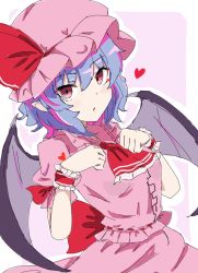 Rule 34 | 1girl, ascot, bat wings, hat, hat ribbon, heart, highres, looking at viewer, open mouth, pink hat, pointy ears, purple hair, red ascot, red eyes, red ribbon, remilia scarlet, ribbon, short hair, short sleeves, simple background, solo, theon (te2eo), touhou, upper body, white background, wings, wrist cuffs