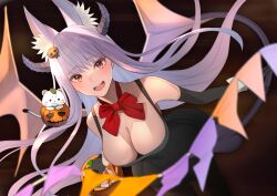 Rule 34 | 1girl, :d, absurdres, animal ear fluff, animal ears, bare shoulders, black dress, black gloves, blush, bow, breasts, cleavage, demon horns, demon tail, dress, elbow gloves, fox ears, fox girl, gloves, hair ornament, halloween, halloween costume, highres, horns, indie virtual youtuber, jack-o&#039;-lantern, kamishiro natsume, kitsune, large breasts, long hair, looking at viewer, open mouth, orange eyes, purple hair, red bow, sleeveless, sleeveless dress, smile, solo, tail, teeth, upper teeth only, virtual youtuber, wings, yuuhi (yuuvi83)