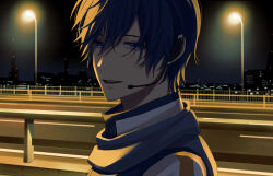 Rule 34 | 1boy, backlighting, blue eyes, blue hair, city lights, cityscape, coat, hair between eyes, kaito (vocaloid), lamppost, looking at viewer, male focus, mouthpiece, night, night sky, nokuhashi, open mouth, outdoors, portrait, railing, road, scarf, short hair, sky, smile, solo, teeth, upper teeth only, vocaloid