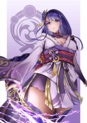Rule 34 | 1girl, braid, breasts, cleavage, closed mouth, commentary, diehong, electricity, english commentary, flower, genshin impact, hair ornament, highres, holding, holding sword, holding weapon, japanese clothes, katana, kimono, large breasts, long hair, long sleeves, looking at viewer, mole, mole under eye, purple eyes, purple flower, purple hair, raiden shogun, ribbon, sash, simple background, solo, sword, tassel, thighhighs, vision (genshin impact), weapon, wide sleeves