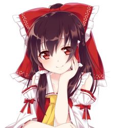 Rule 34 | 1girl, ascot, bad id, bad twitter id, bow, brown hair, detached sleeves, hair bow, hair tubes, hakurei reimu, haruki (colorful macaron), head rest, long hair, looking at viewer, ponytail, red bow, red eyes, ribbon-trimmed sleeves, ribbon trim, sidelocks, simple background, smile, solo, touhou, vest, white background