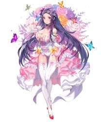 Rule 34 | 1girl, 2v (joyeong), absurdres, breasts, bug, butterfly, destiny child, detached sleeves, floral background, frills, full body, garter straps, gluteal fold, highres, insect, long hair, medium breasts, official art, parted lips, purple eyes, purple hair, red footwear, saturn (destiny child), showgirl skirt, simple background, solo, thigh gap, thighhighs, white background, white thighhighs