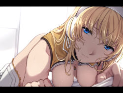 Rule 34 | 1girl, all fours, ass, blonde hair, blue eyes, bottomless, breast press, breasts, day, earmuffs, embarrassed, evelysse (star ocean), foreshortening, hair between eyes, hanging breasts, large breasts, letterboxed, long hair, looking at viewer, nagioka, no bra, open mouth, out-of-frame censoring, sagging breasts, solo focus, star ocean, star ocean anamnesis, sweat