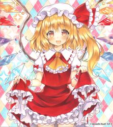 Rule 34 | 1girl, argyle, argyle background, argyle clothes, artist name, ascot, blonde hair, bow, breasts, collared shirt, cowboy shot, crystal, flandre scarlet, frilled ascot, frilled bow, frilled shirt collar, frilled skirt, frilled sleeves, frills, hat, hat bow, long hair, looking at viewer, marker (medium), mob cap, mugicha (mugicha0929), multicolored background, multicolored wings, open mouth, orange eyes, puffy short sleeves, puffy sleeves, red bow, red skirt, red vest, shirt, short sleeves, skirt, skirt hold, skirt set, small breasts, smile, solo, touhou, traditional media, vest, white hat, white shirt, wings, yellow ascot