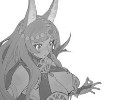 Rule 34 | 1girl, absurdres, animal ears, bare shoulders, blush, breasts, bridal gauntlets, cleavage, dark-skinned female, dark skin, fate/grand order, fate (series), forehead jewel, greyscale, head chain, highres, jackal ears, jewelry, large breasts, long hair, monochrome, open mouth, parted bangs, queen of sheba (fate), simple background, white background, wr (karakusa senbei)