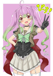 Rule 34 | ahoge, anchor, back bow, black gloves, border, bow, bowtie, bracelet, corset, cowboy shot, fang, garter straps, gloves, gradient hair, green bow, green bowtie, green hair, grey sailor collar, grey skirt, highres, jewelry, kantai collection, long hair, looking at viewer, momo (kancolle), multicolored hair, open mouth, pink background, pink hair, pleated skirt, red bow, red eyes, sailor collar, sailor shirt, school uniform, senon, serafuku, shirt, skirt, sparkle print, striped, thighhighs, twintails, v, white border, white thighhighs, zipper pull tab