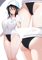 Rule 34 | 1girl, ass, black one-piece swimsuit, blush, breasts, brown eyes, brown hair, close-up, closed mouth, collarbone, commentary request, competition school swimsuit, emblem, girls und panzer, gym shirt, hair between eyes, heart, highleg, highleg swimsuit, highres, keizoku (emblem), large breasts, long hair, looking at viewer, mika (girls und panzer), nakamura yukitoshi, one-piece swimsuit, school swimsuit, shirt, short sleeves, simple background, smile, swimsuit, thighs, tulip hat, white background, white shirt