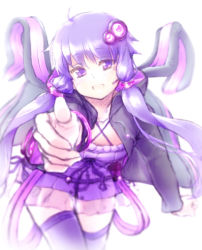 Rule 34 | 1girl, :d, animal ears, blurry, depth of field, dress, hair ornament, jacket, low twintails, okaemon, open mouth, outstretched hand, purple eyes, purple hair, purple skirt, purple thighhighs, rabbit ears, short dress, skirt, smile, solo, thighhighs, twintails, vocaloid, voiceroid, white background, yuzuki yukari