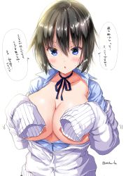 Rule 34 | 1girl, :o, black hair, black neckwear, black skirt, blue eyes, blue shirt, blush, breasts, breasts out, cardigan, cleavage, collarbone, collared shirt, commentary request, covering privates, covering breasts, hair between eyes, highres, large breasts, long sleeves, looking at viewer, mokufuu, no bra, open mouth, original, plaid, plaid skirt, pleated skirt, school uniform, shirt, short hair, sidelocks, simple background, skirt, sleeves past fingers, sleeves past wrists, solo, twitter username, upper body, white background, white cardigan