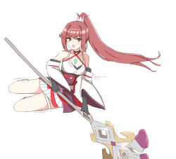 Rule 34 | 1girl, chest jewel, chirun0, core crystal (xenoblade), detached sleeves, glimmer (xenoblade), gloves, japanese clothes, kimono, miniskirt, obi, polearm, ponytail, red eyes, red hair, sash, skirt, solo, weapon, white kimono, xenoblade chronicles (series), xenoblade chronicles 3, xenoblade chronicles 3: future redeemed