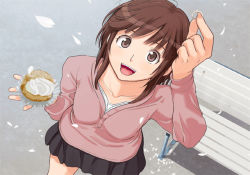 Rule 34 | 1girl, amagami, artist request, breasts, brown eyes, brown hair, food, jewelry, medium breasts, open mouth, marriage proposal, ring, sakurai rihoko, smile, solo, standing, wedding ring