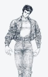 Rule 34 | 1boy, bandaid, bandaid on face, belt, black eyes, black hair, closed mouth, dated, david liu, denim, greyscale, hair slicked back, hatching (texture), highres, jacket, jeans, male focus, monochrome, original, pants, shenmue, shenmue i, signature, simple background, sketch, solo, traditional media, walking, white background