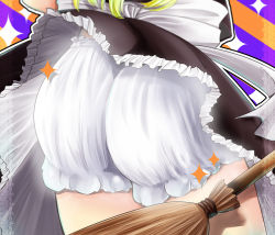 Rule 34 | 1girl, ass, ass focus, black skirt, blonde hair, bloomers, border, bow, broom, close-up, clothes lift, frills, from behind, jii baa, kirisame marisa, lace, lace border, ornate border, skirt, skirt lift, skirt set, solo, sparkle, striped, striped background, touhou, underwear, upskirt, white bloomers, white bow