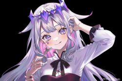 Rule 34 | 1girl, bracelet, colored inner hair, crown, earrings, fork, grey hair, hair between eyes, hair flaps, hand in own hair, highres, holding, holding fork, hololive, hololive english, jewelry, koseki bijou, licking lips, long hair, looking at viewer, multicolored hair, necklace, purple eyes, shirt, sidelocks, star (symbol), star earrings, star necklace, tongue, tongue out, virtual youtuber, white shirt, yunnies