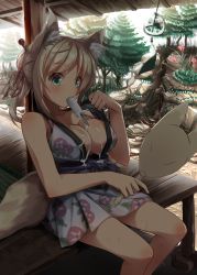 Rule 34 | 10s, 1girl, animal ears, bad id, bad pixiv id, bare arms, bare legs, bare shoulders, blonde hair, blush, breasts, cleavage, covered erect nipples, dog days, dog tail, dripping, fang, flower, food, fox ears, fox tail, green eyes, hair bun, hair ornament, hair ribbon, hair stick, hand fan, highres, holding, japanese clothes, kimono, large breasts, looking at viewer, messy, mouth hold, nature, no bra, ponytail, popsicle, re:n ne, ribbon, sexually suggestive, short hair, single hair bun, sitting, solo, summer, sweat, tail, tatami, tree, wind chime, wooden floor, yukata, yukikaze panettone