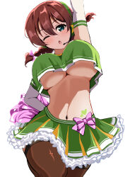 Rule 34 | ;o, absurdres, arm up, blue eyes, braid, breasts, brown hair, brown thighhighs, cheerleader, commentary, crop top, elbow gloves, emma verde, freckles, frilled skirt, frills, gloves, green skirt, hand on own hip, headset, highres, holding, holding pom poms, large breasts, long hair, love live!, love live! nijigasaki high school idol club, low twintails, medium hair, midriff, miniskirt, navel, no bra, one eye closed, pisagi, pleated skirt, pom pom (cheerleading), pom poms, simple background, skirt, stomach, thighhighs, twin braids, twintails, underboob, white background, white gloves