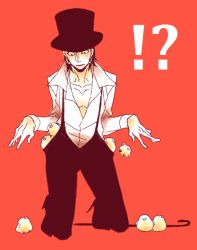 Rule 34 | !?, 1boy, akizuki hakuto, animal, bird, cane, chick, color background, earrings, full body, hat, high heels, jewelry, kneeling, lafitte, male focus, one piece, overalls, popped collar, shirt, shoes, simple background, solo, top hat, white shirt