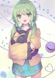 Rule 34 | 1girl, absurdres, alternate hairstyle, black hat, commentary, cowboy shot, gradient background, green eyes, green hair, green skirt, hat, hat ribbon, heart, heart of string, highres, komeiji koishi, long sleeves, looking at viewer, low twintails, matcha yado, medium hair, open mouth, ribbon, shirt, skirt, solo, standing, teeth, third eye, touhou, twintails, upper teeth only, yellow ribbon, yellow shirt