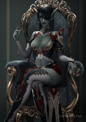 Rule 34 | black hair, breasts, breasts apart, chair, colored skin, crossed legs, dark elf, earrings, elf, feet out of frame, green skin, hair over eyes, highres, holding, holding jewelry, holding necklace, jewelry, lineage, lineage 2, long hair, looking at viewer, navel, necklace, original, pointy ears, serpentigena, shoulder pads, sitting, thighhighs, thighs, throne, yellow eyes