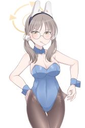 Rule 34 | alternate costume, blue archive, blush, breasts, brown hair, candy, cleavage, collarbone, commentary request, food, glasses, halo, highres, hoshino ouka, large breasts, leotard, lollipop, looking at viewer, low twintails, moe (blue archive), playboy bunny, short twintails, simple background, twintails, white background