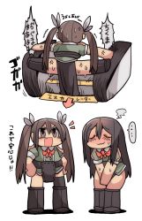 Rule 34 | ..., 10s, 2girls, 2koma, ^^^, anger vein, bad id, bad pixiv id, blush, bow, bowtie, brown eyes, chikuma (kancolle), comic, covering privates, covering crotch, escalator, hair ornament, hair ribbon, hand on own hip, highres, kakuzatou (koruneriusu), kantai collection, laughing, long hair, multiple girls, open mouth, pelvic curtain, red bow, red bowtie, remodel (kantai collection), ribbon, shy, smile, sweat, thighhighs, tone (kancolle), translation request, trembling, twintails, wavy mouth