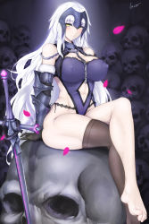 Rule 34 | 1girl, abs, absurdres, bare shoulders, barefoot, between breasts, black gloves, black panties, blush, breasts, brown thighhighs, chain, closed mouth, collarbone, commentary request, covered erect nipples, crossed legs, curvy, elbow gloves, falling petals, fate/grand order, fate (series), feet, fur-trimmed gloves, fur trim, gloves, glowing, glowing eyes, half-closed eyes, headpiece, highres, impossible clothes, impossible leotard, jeanne d&#039;arc (fate), jeanne d&#039;arc alter (avenger) (fate), jeanne d&#039;arc alter (avenger) (third ascension) (fate), jeanne d&#039;arc alter (fate), large breasts, laserflip, legs, leotard, long hair, looking at viewer, mature female, muscular, panties, petals, planted, planted sword, planted weapon, purple eyes, purple leotard, shiny skin, side-tie panties, signature, single thighhigh, sitting, skindentation, skull, smile, solo, sword, taut leotard, thick thighs, thighhighs, thighs, toenails, toes, underwear, vambraces, very long hair, weapon, white hair, yellow eyes
